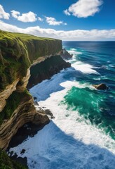 Fototapeta premium vibrant waves crashing rugged cliffside formations creating stunning seascape lush greenery bright blue skies, beach, shore, ocean, rocks, coastline, horizon