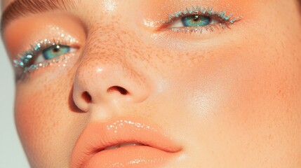 Fototapeta premium close-up of aquamarine eyeliner with tiny crystal accents paired with glossy peach lips and bronzed skin