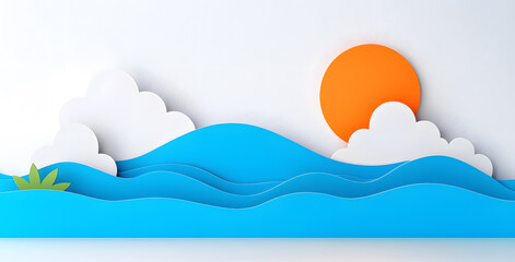 Landscape with mountains and sea waves in paper cut style