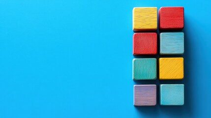 Colorful Wooden Blocks Arranged on Blue Background for Creativity