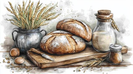 Freshly Baked Bread with Wheat and Rustic Kitchen Utensils