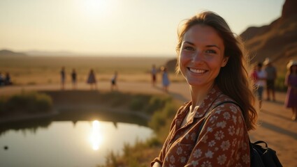 Woman is smiling while standing near pond in desert