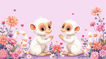 Obraz premium Adorable White Monkeys in a Floral Setting with Hearts - Cute Animal Illustration