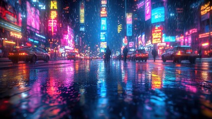 Naklejka premium Vibrant cityscape at night with neon lights and reflections