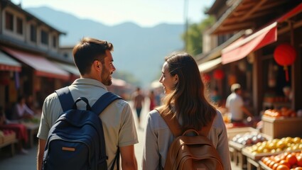 Fototapeta premium Man and woman are walking down street with their backpacks