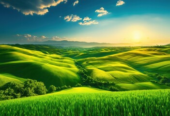 Obraz premium breathtaking wide angle view lush green fields blanketing rolling landscapes captured vibrant colors under clear blue sky, agriculture, crops, farming