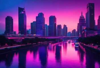 Naklejka premium vibrant cityscapes dusk illuminated glowing lights colorful urban landscape reflected twilight sky, evening, view, reflection, neon, buildings, night, scene