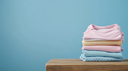Neatly folded pastel baby apparel on a wooden surface. Perfect for baby product and parenting themes.