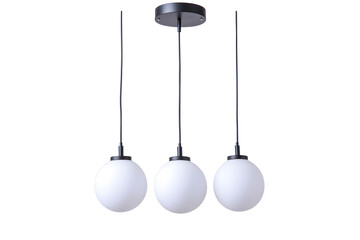 Modern chandelier with a cluster of hanging white glass orbs isolated on white background