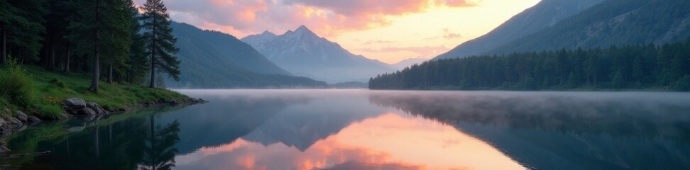 Fototapeta premium serene reflection of a mountain lake in the stillness of the forest at dawn, peaceful, natural