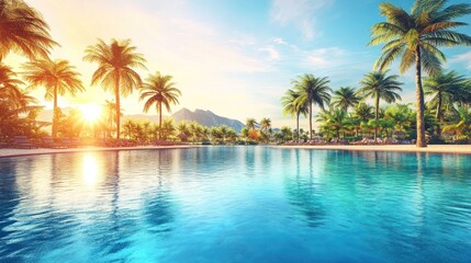 Sunset Paradise: Tranquil Poolside Scene with Palm Trees and Mountains