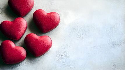 Obraz premium Vibrant red heart-shaped pills placed sporadically on a light gray background with clear, open space for Valentines-themed text