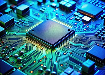 High-Tech Motherboard: Close-up of Green and Blue Circuit Board with Integrated Chip and Copy Space