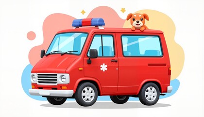 Cartoon ambulance with a cute dog on top