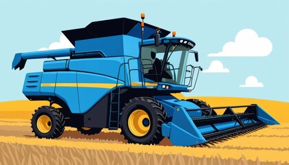 Obraz premium Blue combine harvester working in golden wheat field