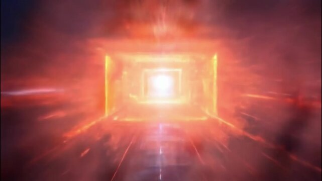 Futuristic glowing square in a digital landscape.