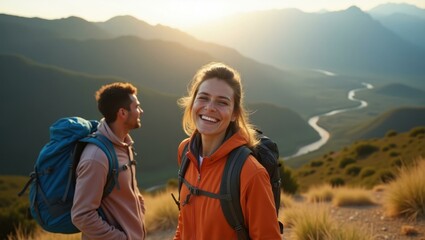Man and woman are hiking up mountain together