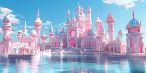 Beautiful and magnificent 3D cartoon palace, with pink and light blue colors, generative AI