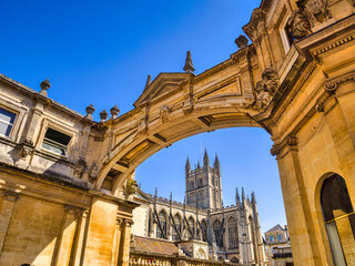 Bath, Somerset, England, UK - Bath Abbey seen through the York Street Arch.
