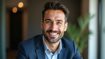 Man is smiling and wearing blue suit and white shirt