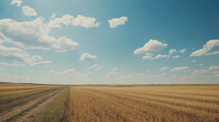 Fototapeta premium Golden wheat field stretches under a vast blue sky with puffy white clouds