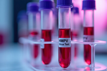 There are several test tubes with red liquid in a stand. In the foreground, one of the test tubes is highlighted and on it is a sticker with the text: "HMPV Virus Test".