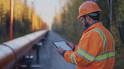 Obraz premium A man in an orange hard hat and an orange jacket with reflective stripes stands next to a pipeline. He holds a tablet in his hands and looks at it.