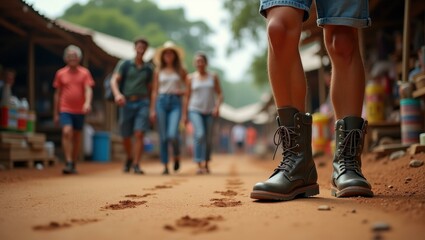 People are walking down dirt road in village