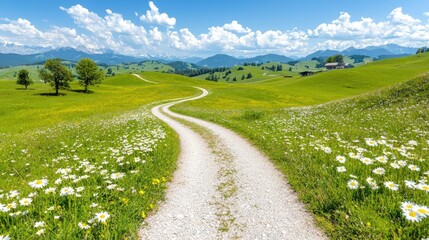 Naklejka premium Winding path through daisy field, mountain backdrop, sunny day, idyllic landscape; travel postcard