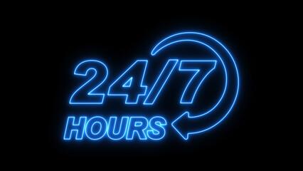 Red flat design 24 hours 7 days icon. Neon 24/7 service icon.