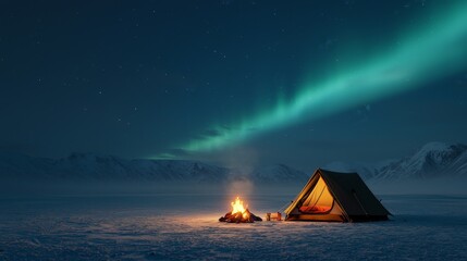 Adventure Under the Stars: Camping and Stargazing Outdoors, A serene campsite under the northern lights with a glowing campfire and a cozy tent.