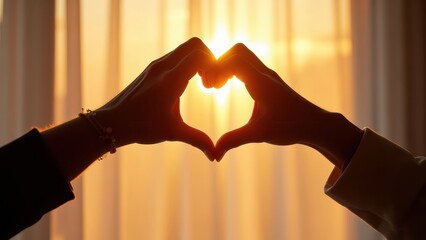 two hands forming a heart shape against a warm sunset background. The silhouette of the hands is visible, creating a romantic and hopeful mood. Generative AI