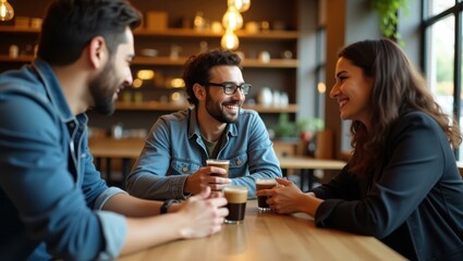 Man and woman are sitting at bar with beer