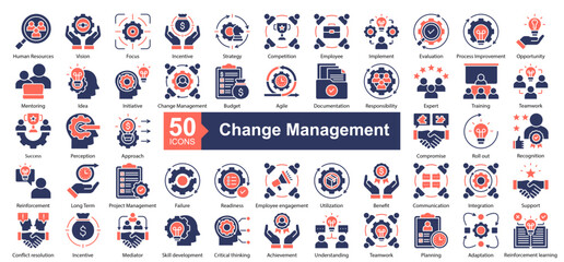 Change Management Icon Collection Set.Containing Human Resources, Vision, Focus, Incentive, Strategy, Competition, Employee, Evaluation icon. Simple dual tone style Vector Illustration.