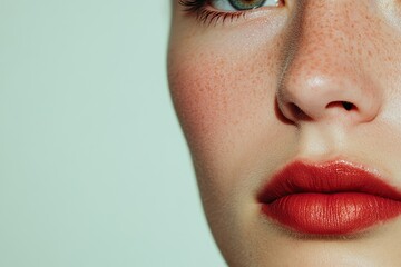 matte red lips with minimal eye look featuring soft taupe tones and thin winged eyeliner