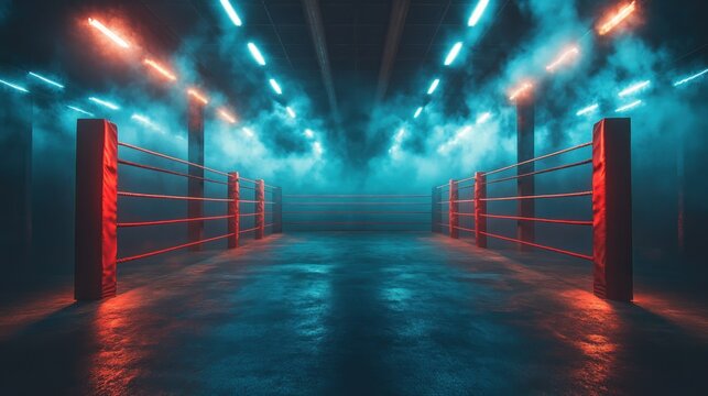Neon-lit boxing ring, smoky arena, fight night