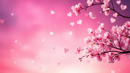 Fototapeta premium Pink magnolia blossoms and hearts floating gently on a dreamy pink sky. Perfect for Valentine's Day or romantic themes. Generative AI