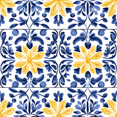 Blue and yellow tile hand drawn watercolor seamless pattern. Pattern of azulejos tiles