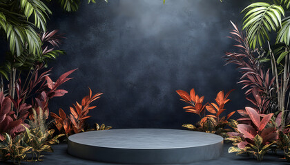 Dark Background Tropical Plants Surround Circular Platform