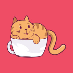 A Cute Cat Character inside a cup of tea vector illustration. Pen, mascot design concept.