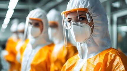 Healthcare professionals in protective gear. Food contamination risk assessment, workers identifying risks in a food production facility.