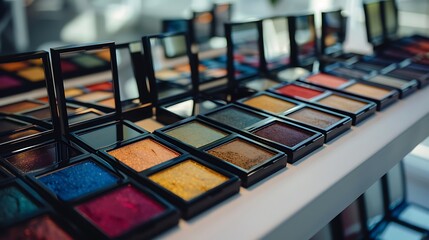 A group of eyeshadow palettes with colorful shades displayed on a white surface.