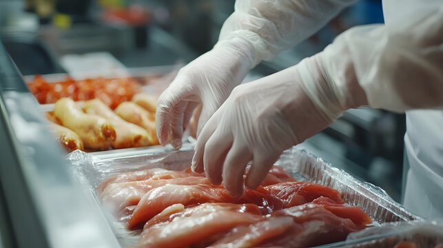 Closeup of food being handled safely in a clean environment, preventing contamination, gloves, proper handling. A chef in gloves carefully handles fresh fish in a tray.