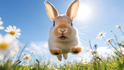 Fototapeta premium Adorable rabbit jumping among daisies under a clear blue sky