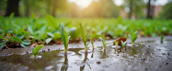 Naklejka premium Green shoots thriving beside puddle in city park, urban nature