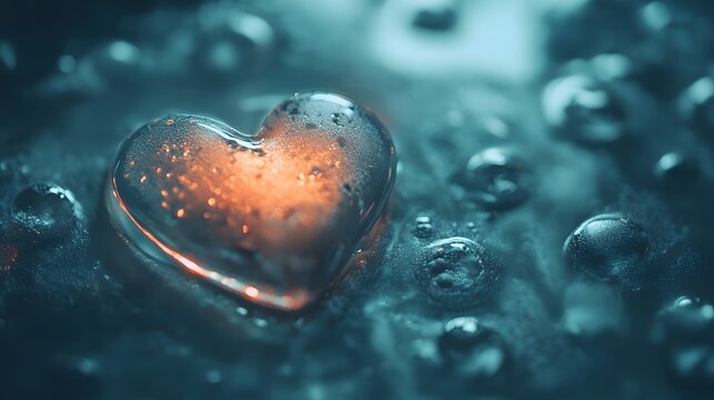 A beautiful heart-shaped piece of glass trapped in shimmering water droplets, evoking feelings of love and tranquility.
