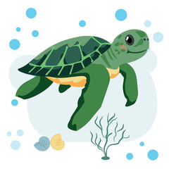 Cute vector illustration with a green sea turtle.