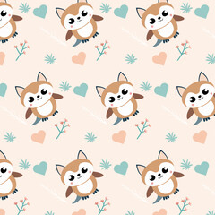 Obraz premium Adorable Cartoon Animal Pattern with Foxes and Hearts on Beige Background. Adorable Seamless Pattern with Cute Foxes, Pastel Hearts, and Flowers for Kids' Products, Wallpapers, and Fabric Designs