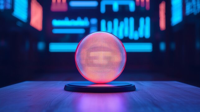 Anticipation forecast future concept. Illuminated sphere surrounded by vibrant digital displays.