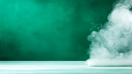 Mysterious white smoke with a textured green copy space background, creating a dramatic and intriguing atmosphere